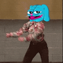 a cartoon character with a rabbit 's head is dancing in front of a brick wall .