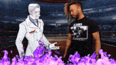 a man wearing an islander t-shirt talks to another man