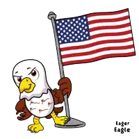 a bald eagle holding an american flag with the name eager eagle written below it