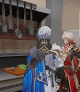 a man in a blue cape is standing next to another man in a red robe