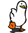 a cartoon duck with orange legs is standing on a white background .