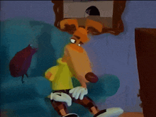 a cartoon dog is standing in front of a couch