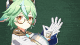 a green haired anime character wearing glasses and gloves