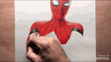 a person is drawing a spider-man on a piece of paper .