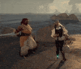 a man and a woman are standing next to each other on a beach in a video game