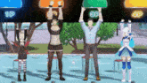 a group of anime characters are standing next to each other in a video game holding up signs .
