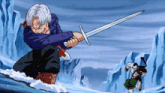 a man in a purple jacket is holding a sword in his hand