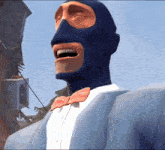 a man wearing a blue mask and a pink bow tie