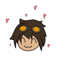 a cartoon drawing of a boy wearing goggles with hearts around his head