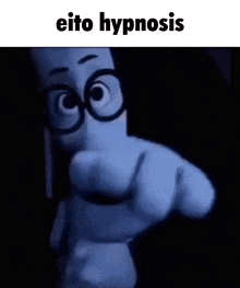 a cartoon character wearing glasses is pointing at the camera with his finger .