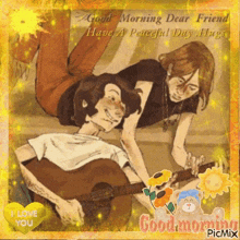 a good morning dear friend greeting card with two boys playing guitars