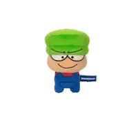 a stuffed toy with a green hat and overalls