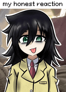 a drawing of a girl with her tongue out and the words " my honest reaction " above her