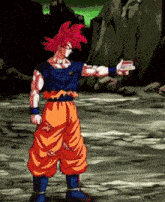 a pixel art of a man with red hair standing in front of a rock