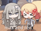 a couple of anime characters standing next to each other with the words vivi complaining max and ren on the bottom