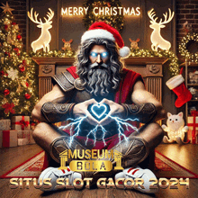 a poster for merry christmas shows a man in a santa hat making a heart with his hands