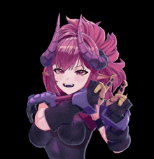 a girl with purple hair and horns is wearing a black outfit
