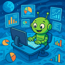 a cartoon illustration of a green robot typing on a keyboard