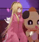 a girl in a pink dress stands next to a stuffed dog