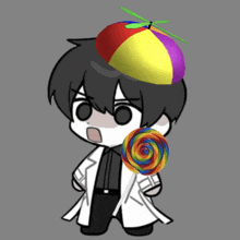 a cartoon character wearing a colorful hat and holding a rainbow lollipop