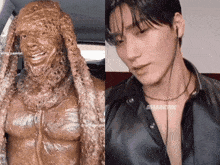 a statue of a man covered in chocolate next to a picture of a man in a leather shirt