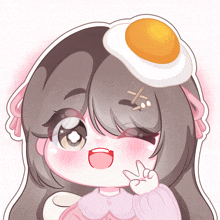 a cartoon girl with a fried egg on her head