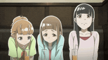 three anime girls sitting next to each other with drinks