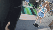 a girl in a blue and white skirt with a bow on her head