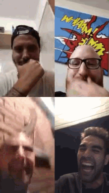 a group of men are laughing in front of a comic book mural