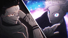 a couple of anime characters holding hands with one having a blue eye