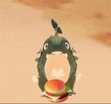 a cartoon dinosaur is holding a hamburger in its mouth in the desert .