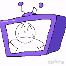 a pixel art drawing of a purple television with a cartoon character on it