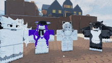 a group of cartoon characters are standing in front of a building