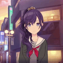 a girl with purple hair and a red tie is standing in front of a building