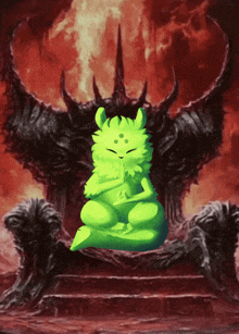 a green cat sits on a throne in front of a demon with horns