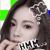 a woman with a thought bubble that says " hmm "