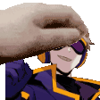 a pixel art of a person wearing headphones and a purple jacket with a hand on their head .