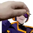a pixel art of a person wearing headphones and a purple jacket with a hand on their head .