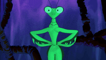 a green praying mantis is standing with its hands on its hips in front of a purple background