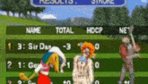 a screenshot of a video game showing a clown and a duck playing golf