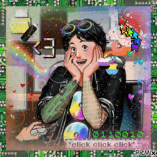 a picture of a man with a tattoo on his arm and the words " click click click " on the bottom