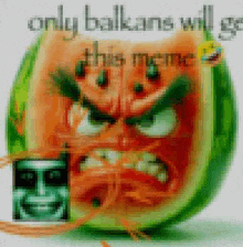 a watermelon with an angry face and the words `` only balkans will get this meme '' written on it .