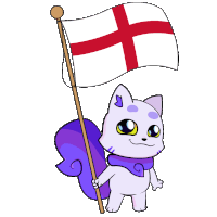 a cartoon drawing of a cat holding a flag with a cross on it