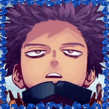 a close up of a man 's face with purple hair and a blue border