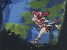 a cartoon girl with pink hair is running through the woods
