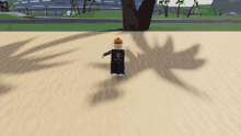 a roblox character standing on a sandy beach with a palm tree in the background