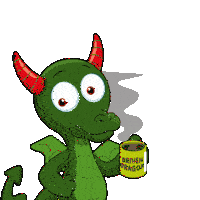 a cartoon dragon is holding a cup of coffee that says driven dragon
