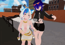 a screenshot of a video game shows two girls standing next to each other and one of them is wearing a black jacket