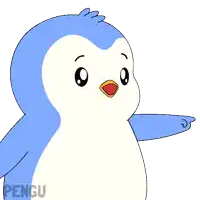 a blue and white penguin is pointing to the right