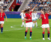 a group of female soccer players are standing on a field .